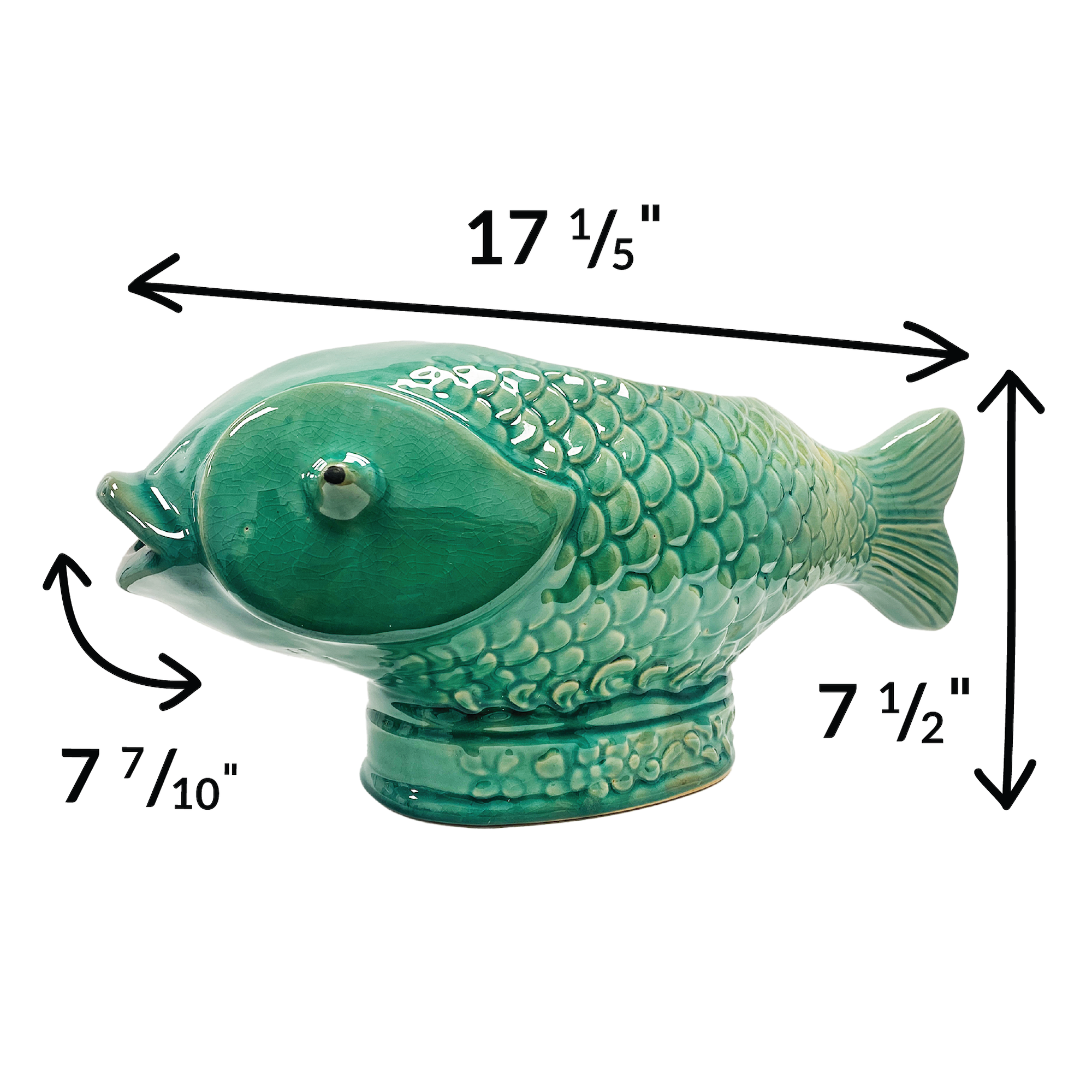 A turquoise debossed stoneware fish planter with a reactive glaze.
